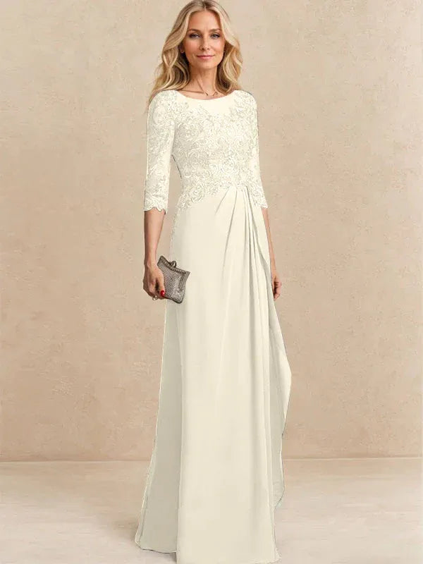 Vestido para la madre de la novia línea A con escote redondo ilusión, largo hasta el suelo, de gasa y encaje con cuentas, lentejuelas y volantes en cascada