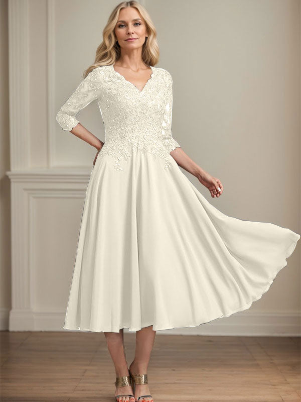 Robe de mère de la mariée en mousseline longueur thé, ligne A, col en V, en dentelle avec perles et sequins