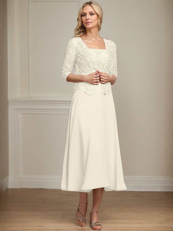 Robe de mère de la mariée en mousseline et dentelle ligne A longueur thé avec perles et sequins