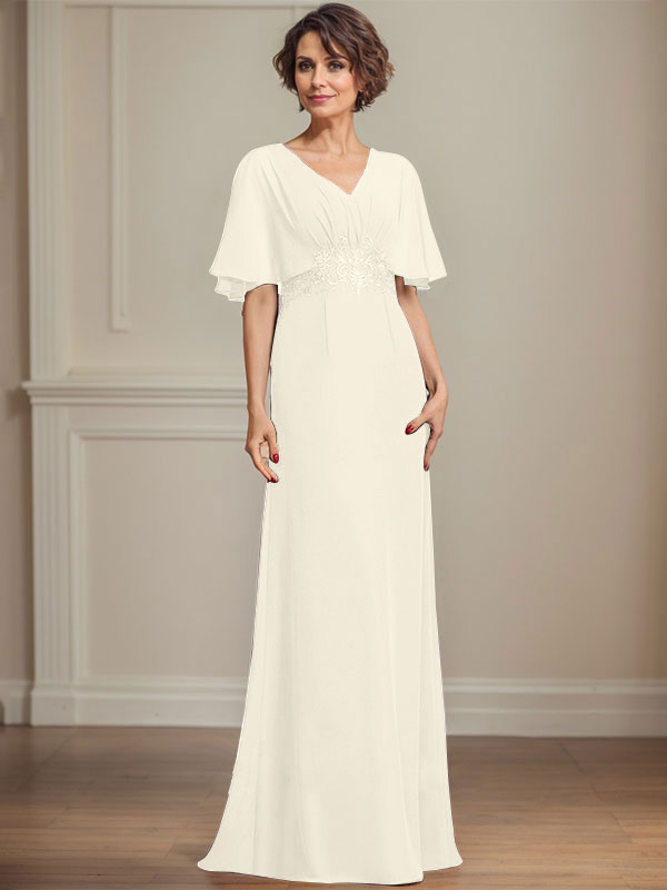 A-Linien Chiffon Mutter-der-Braut-Kleid mit V-Ausschnitt, bodenlang, mit plissierten Pailletten-Applikationen und Spitze