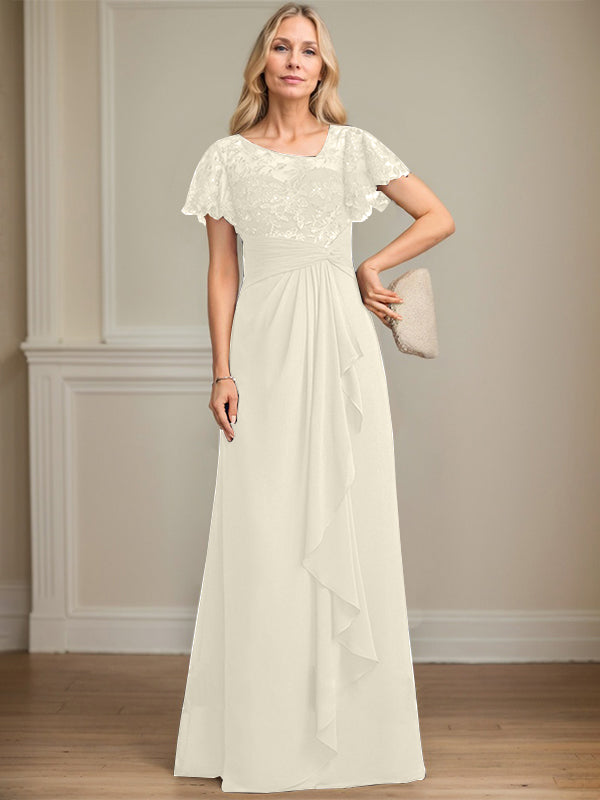 A-Linie asymmetrisches Illusions bodenlanges Spitzen-Chiffon Brautmutterkleid mit kaskadierenden Volants und Pailletten