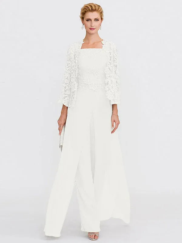 3 Piece Chiffon Square Neck Mother of the Bride Pantsuits with Jacket