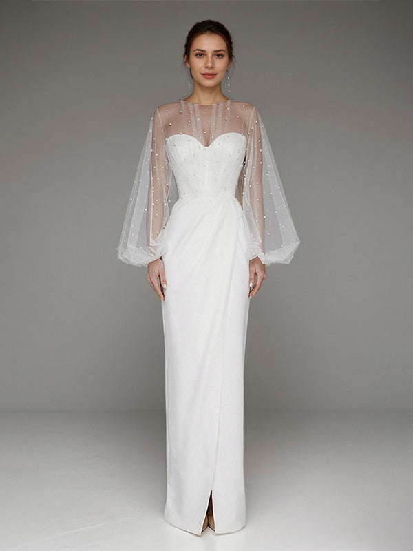 Vestido formal blanco de fiesta de gasa con escote corazón asimétrico y mangas de encaje