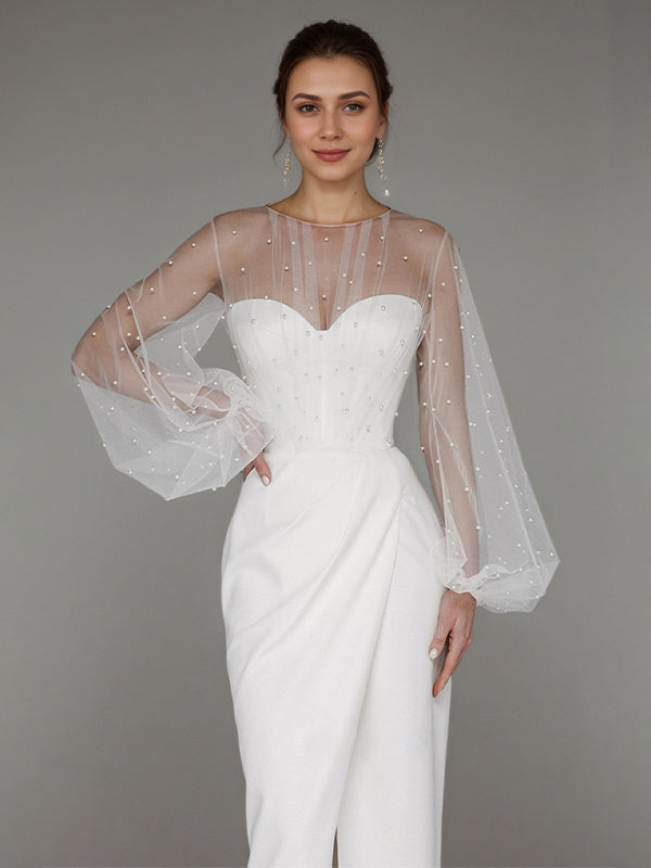 Vestido formal blanco de fiesta de gasa con escote corazón asimétrico y mangas de encaje