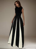 Vestido formal longo preto, corte A, decote redondo, sem mangas, pregueado