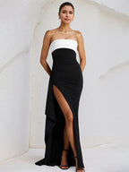 Vestido asimétrico largo negro de gasa off the shoulder sin mangas con abertura alta