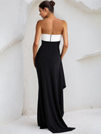 Vestido asimétrico largo negro de gasa off the shoulder sin mangas con abertura alta