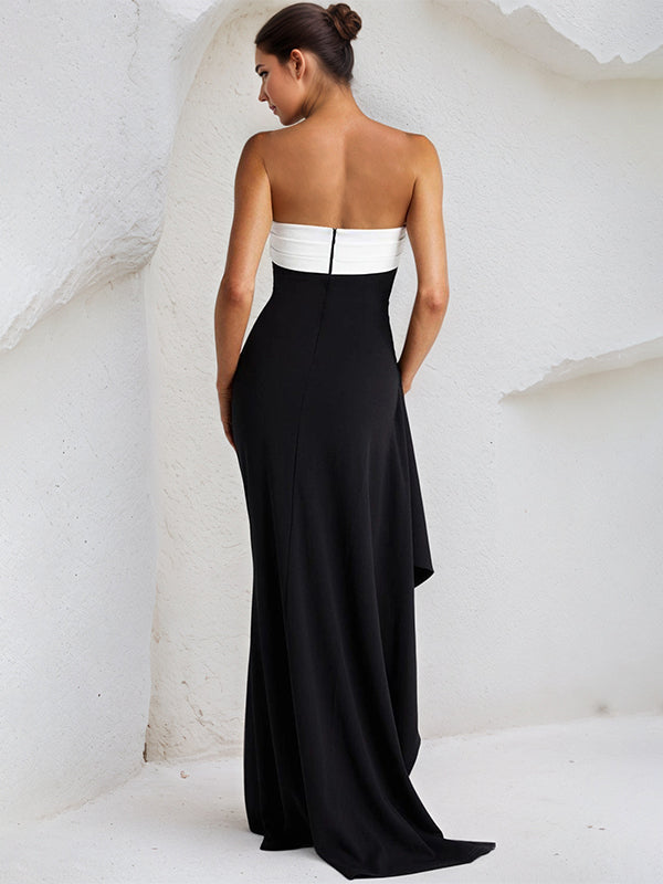 Abito asimmetrico lungo nero in chiffon senza maniche con scollo a barca e spacco alto