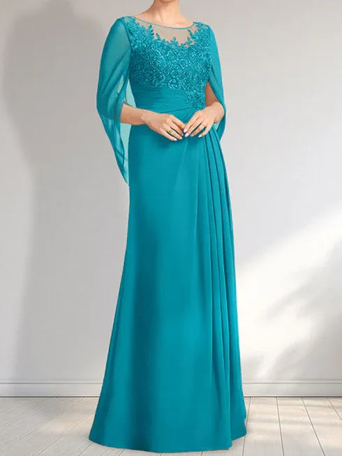A-Linien Rundhals Illusions bodenlanges Spitzen-Chiffon Kleid für die Brautmutter mit plissierten Pailletten