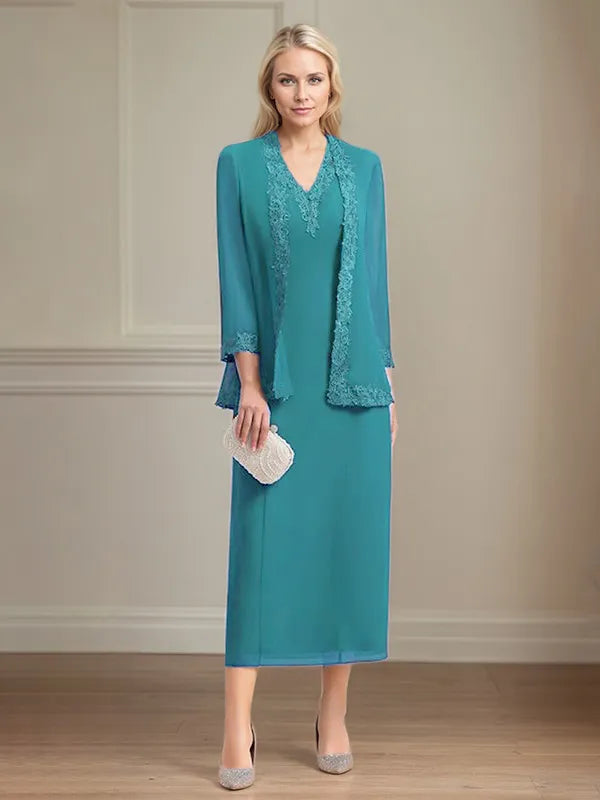 Etui/Column Chiffon V-Ausschnitt 3/4 Ärmel Tea-Length Kleid für die Mutter der Braut