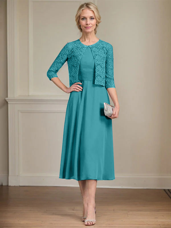 A-Linien Rundhals Tee-Länge Chiffon Kleid für die Mutter der Braut mit Falten