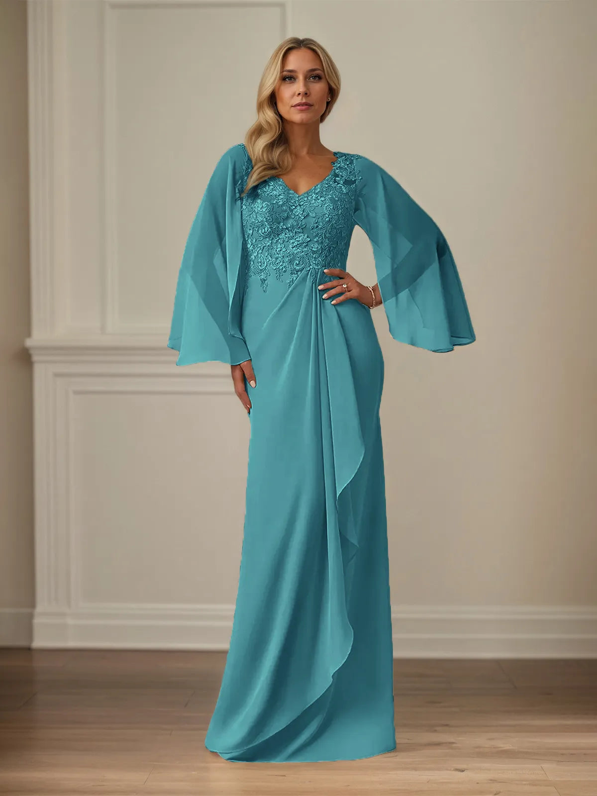 Etui/Kolumnen Chiffon V-Ausschnitt Langarm Bodenlanges Brautmutterkleid mit Applikationen