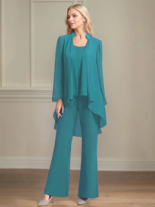 Chiffon Kleid mit Rundhalsausschnitt, langen Ärmeln, bodenlang, Hosenanzug für die Brautmutter
