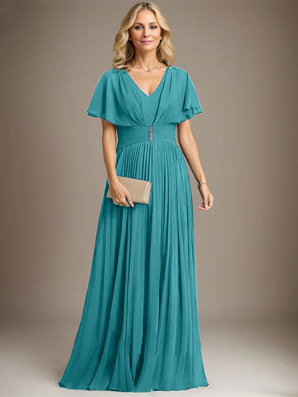 A-Linien V-Ausschnitt Bodenlanges Chiffon Brautmutterkleid mit Kristallbrosche und Plisseefalten