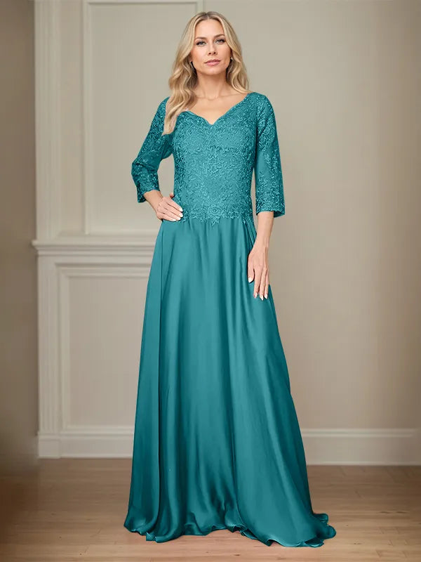 A Line Chiffon V Neck 3/4 Sleeves Floor-Length Mother Of The Bride Dress With Appliques