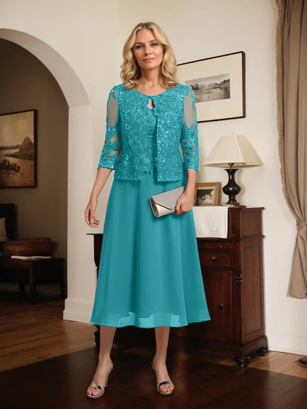 A-Linien Spitzen-Chiffon-Brautmutterkleid mit V-Ausschnitt, tea-length, mit Pailletten