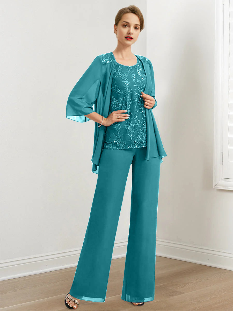 Chiffon Hosenanzüge für die Brautmutter mit Pailletten und Jacke
