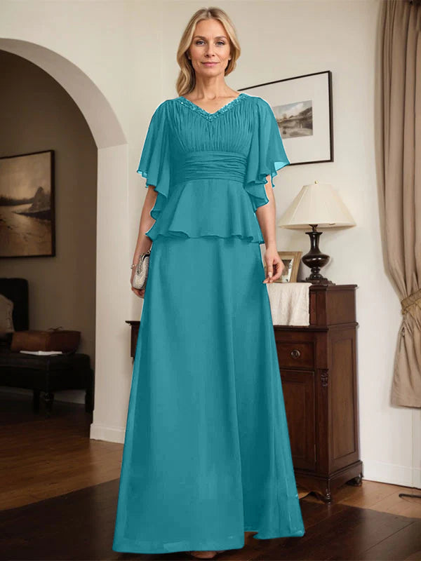 A-Linien Chiffon-Mutter-der-Braut-Kleid mit V-Ausschnitt, bodenlang, plissierte Perlenverzierung