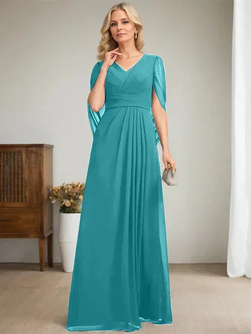 Dunkelmarineblaues A-Linien V-Ausschnitt langes Kleid für die Mutter der Braut