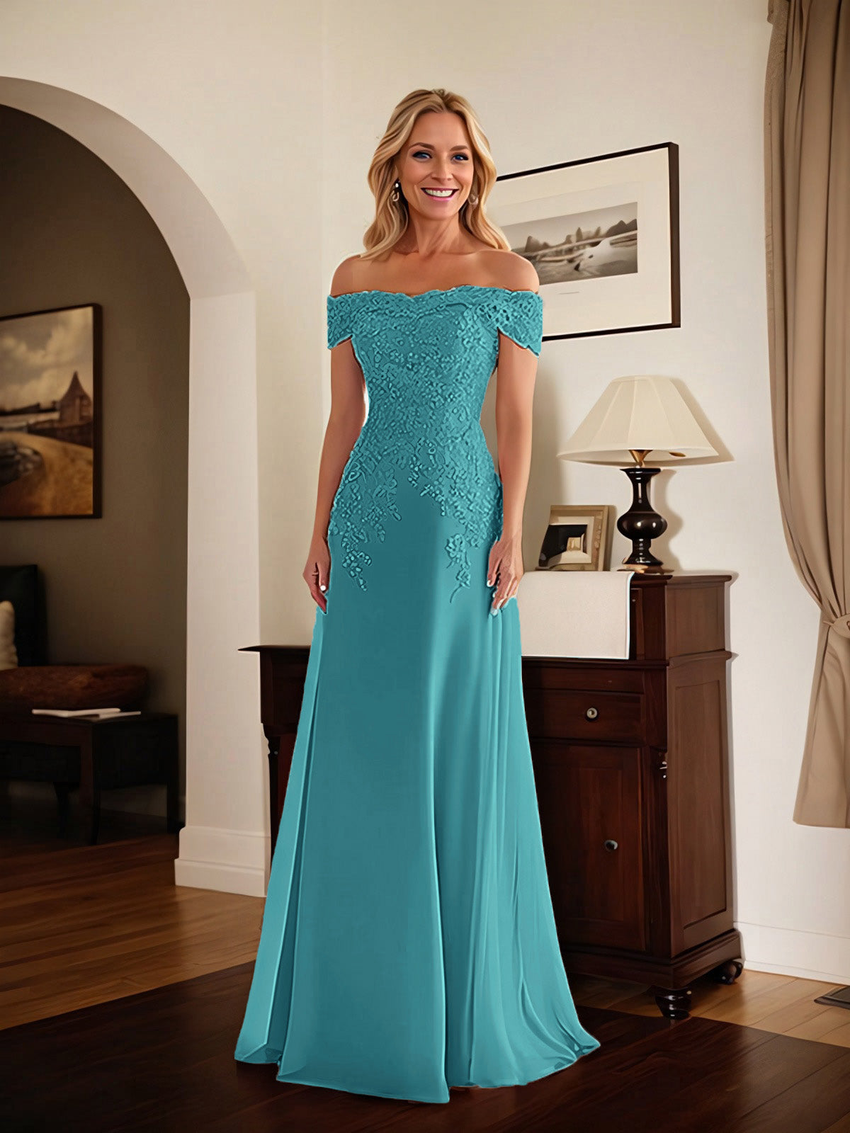 Elegantes taupefarbenes schulterfreies Etuikleid Mutter der Braut Kleid mit Spitze