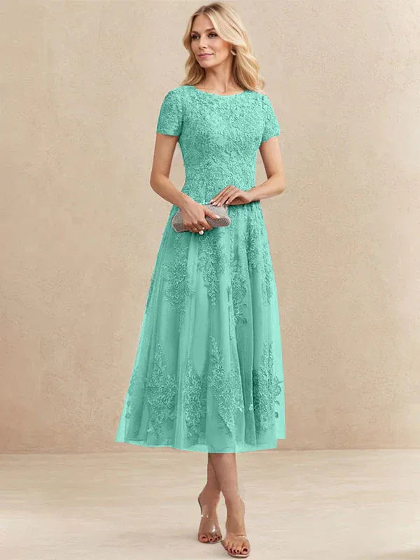 Robe de mère de la mariée A-line en tulle et dentelle, col arrondi, longueur thé