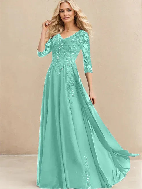 A-Linien V-Ausschnitt Bodenlanges Spitzen-Chiffon Kleid für die Brautmutter mit Pailletten