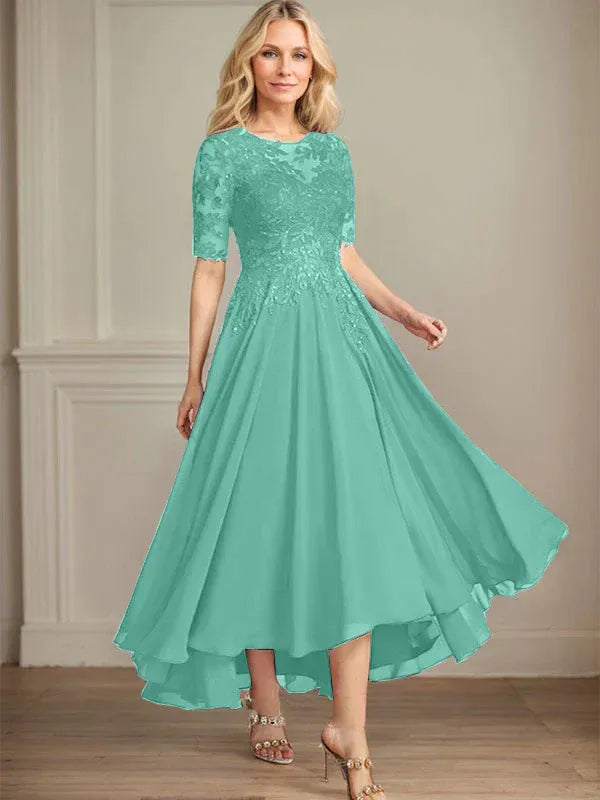 A-Linien Scoop-Ausschnitt Illusion asymmetrisches Chiffon-Spitzen-Mutter-der-Braut-Kleid mit Pailletten