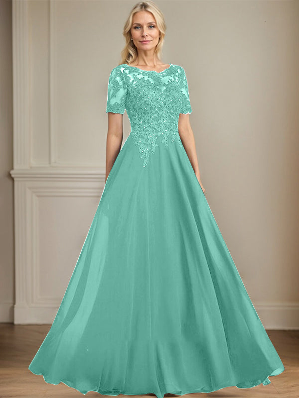 A-Linien Rundhals Illusions-Bodenlanges Chiffon-Spitzenkleid für die Mutter der Braut mit Pailletten und Perlen