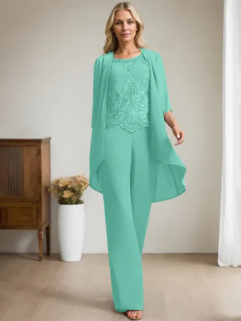 Zweiteiler Jumpsuit/Hosenanzug mit Rundhalsausschnitt, bodenlanges Chiffon-Spitzenkleid für die Mutter der Braut mit Perlen und Pailletten