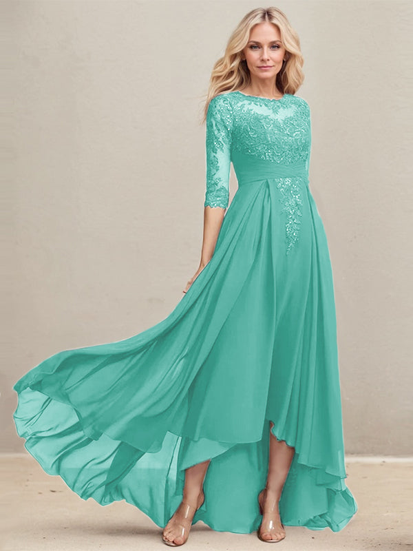A-Linien Ausschnitt Illusions Asymmetrisches Spitzen-Chiffon Kleid für die Mutter der Braut mit plissierten Pailletten