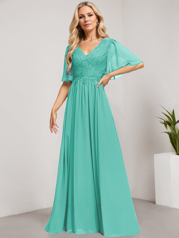Robe mère de la mariée ligne A col en V longue en dentelle et chiffon avec sequins
