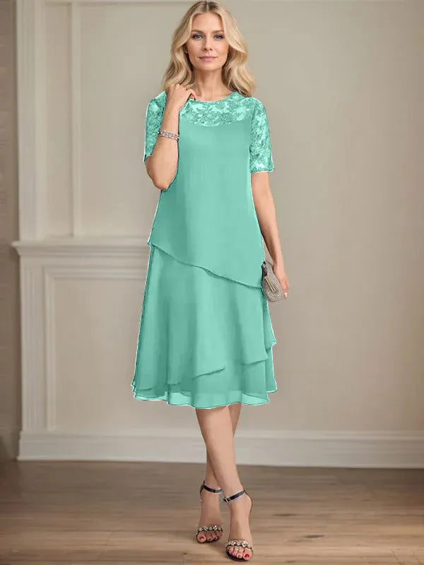 A-Linien Rundhals Illusions-Knie-Länge Spitzen-Chiffon Kleid für die Brautmutter mit Pailletten