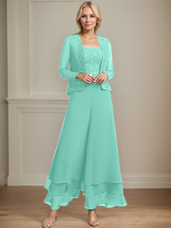 Zweiteiler Jumpsuit/Hosenanzug quadratisch knöchellang Spitze Chiffon Brautmutterkleid mit Pailletten