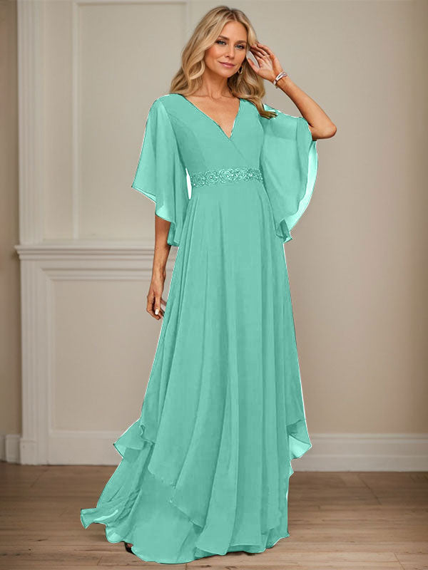 A-Linien V-Ausschnitt bodenlanges Chiffon-Mutter-der-Braut-Kleid mit Pailletten-Applikationen, Spitze und Perlen