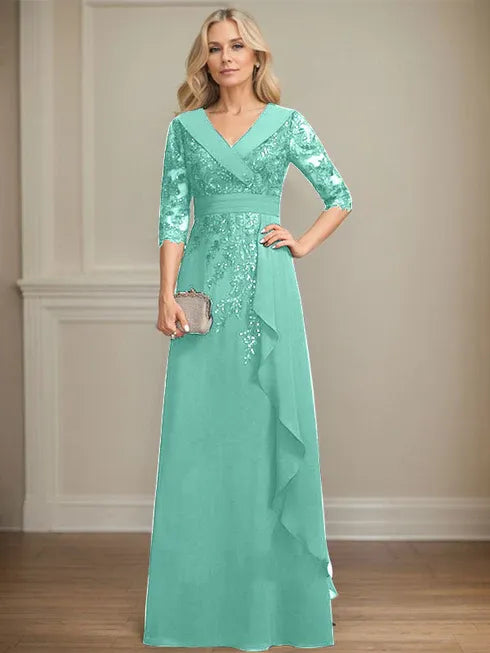 A-Linien Kleid mit Kragen, V-Ausschnitt, bodenlang, aus Spitze und Chiffon, Mutter der Braut Kleid mit Pailletten und fallenden Rüschen
