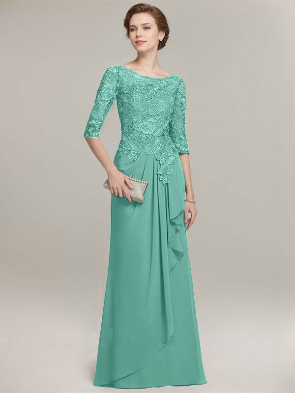 A-Linien Rundhalsausschnitt Illusions bodenlanges Spitzen-Chiffon Mutter der Braut Kleid mit kaskadierenden Rüschen