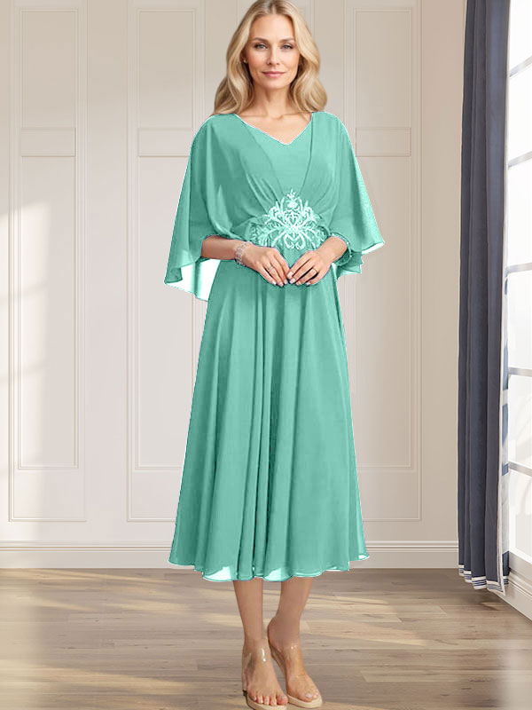 Robe de mère de la mariée en mousseline, longueur thé, col en V, en ligne A, avec appliques plissées, sequins, dentelle et perles