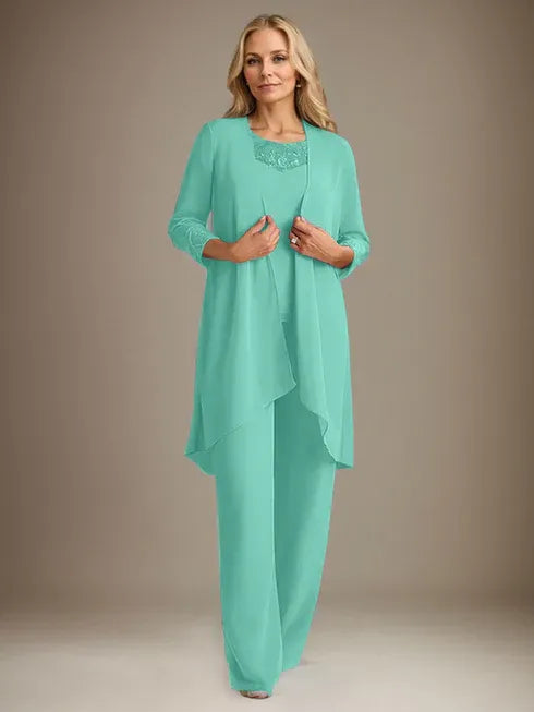Chiffon Kleid mit Rundhalsausschnitt und langen Ärmeln, Mutter-der-Braut Hosenanzug mit Jacke