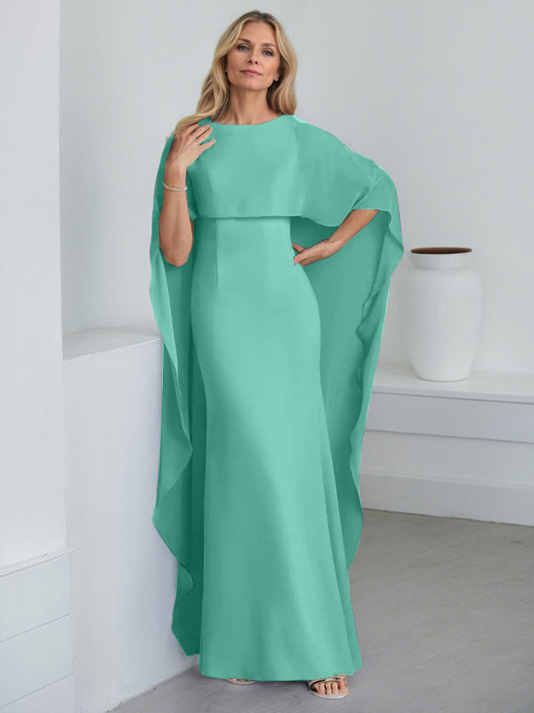 Etui-Kleid mit Rundhalsausschnitt, bodenlang, Chiffon, Mutter-der-Braut-Kleid mit kaskadierenden Rüschen