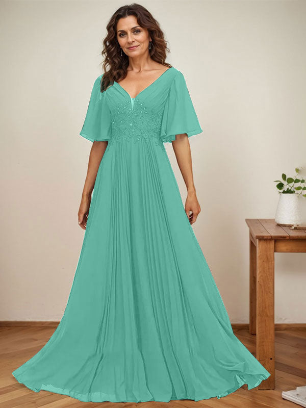 A-Linien V-Ausschnitt bodenlanges Chiffon Mutterkleid der Braut mit Pailletten-Applikationen, Spitze und Falten