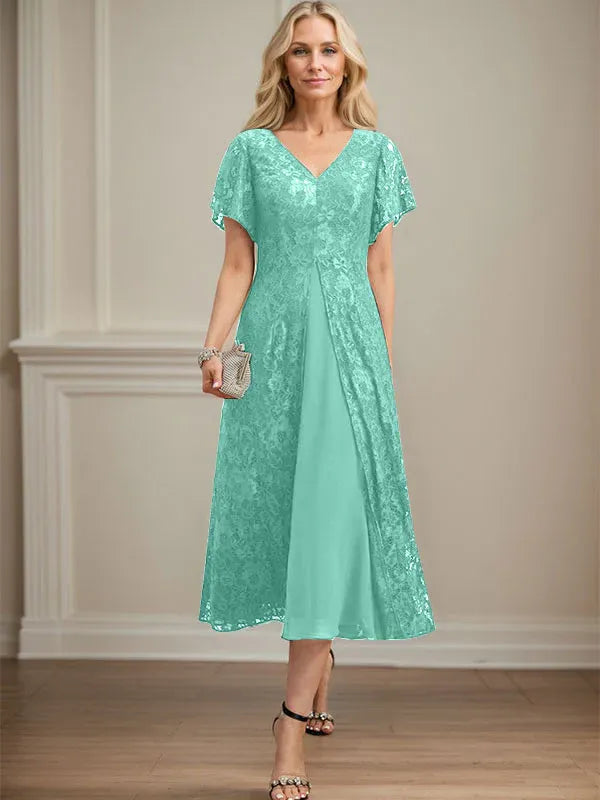 Robe mère de la mariée ligne A en dentelle et mousseline à col en V longueur thé