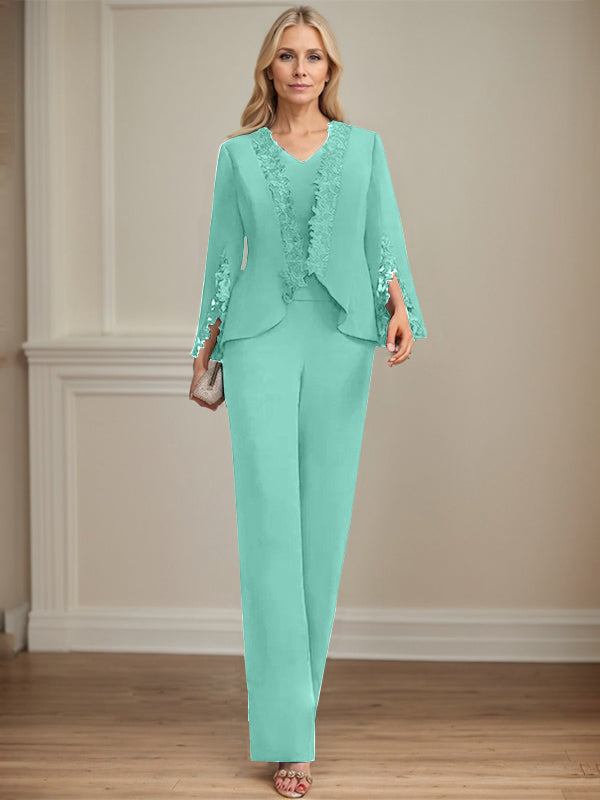 Zweiteiler Jumpsuit/Hosenanzug V-Ausschnitt bodenlanges Chiffon Mutter der Braut Kleid