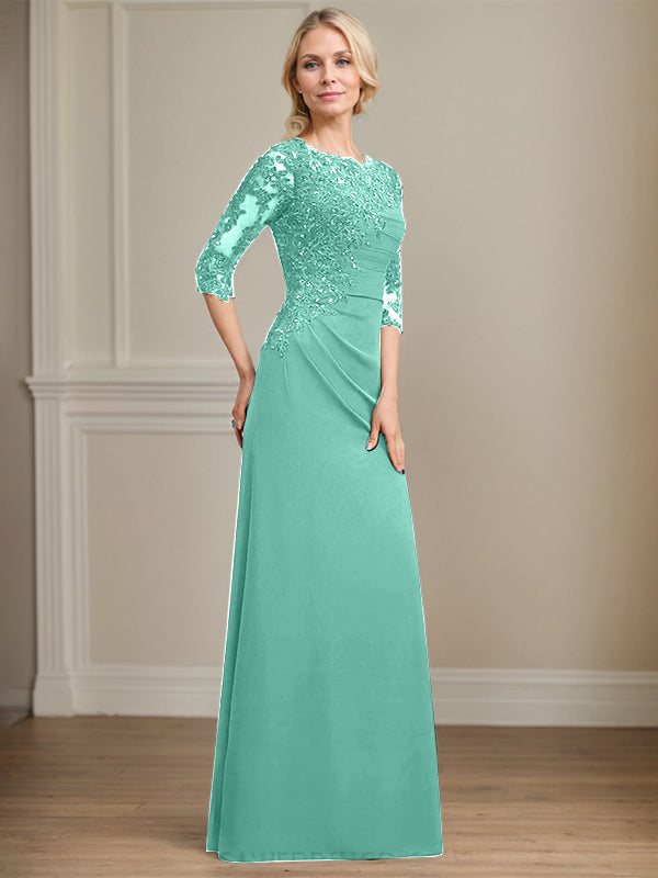 A-Linie Rundhals bodenlanges Chiffon Spitzen Brautmutterkleid mit Perlen Falten Pailletten