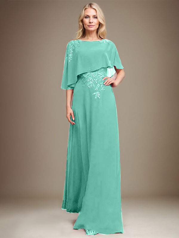 A-Linie Rundhals Bodenlanges Chiffon-Spitzenkleid für die Brautmutter mit Pailletten und Perlen
