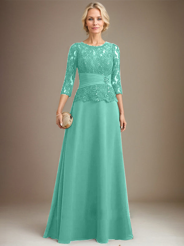 A-Linien Kleid mit Scoop-Ausschnitt, Illusion, bodenlangem Chiffon und Spitze, Mutter-der-Braut-Kleid mit plissierten Pailletten und Perlenbesatz