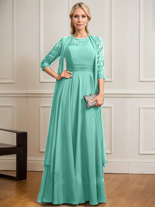 A-Linien Kleid mit Rundhalsausschnitt, Illusion, bodenlang aus Spitze und Chiffon, Mutter-der-Braut-Kleid mit Faltenwurf