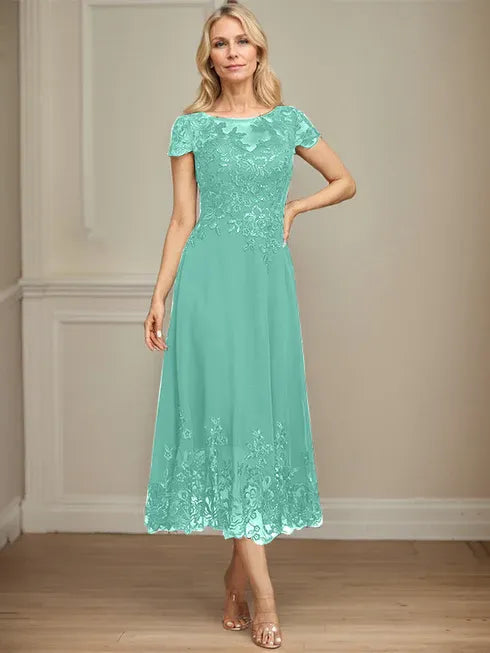 A-Linien Illusions Rundhals tea-langes Spitzenchiffon Mutter der Braut Kleid mit Pailletten