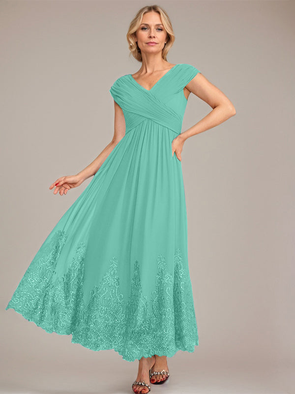 A-Linien V-Ausschnitt Knöchellanges Chiffon Kleid der Brautmutter mit Applikationen und Pailletten