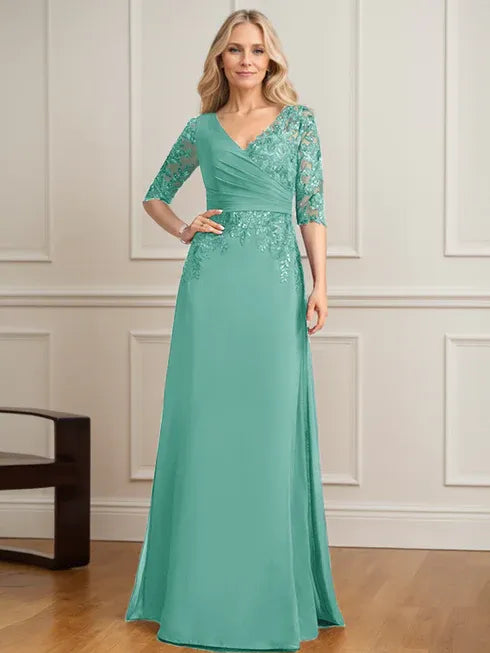 A-Linien V-Ausschnitt bodenlanges Spitzen-Chiffon Kleid der Brautmutter mit plissierten Pailletten
