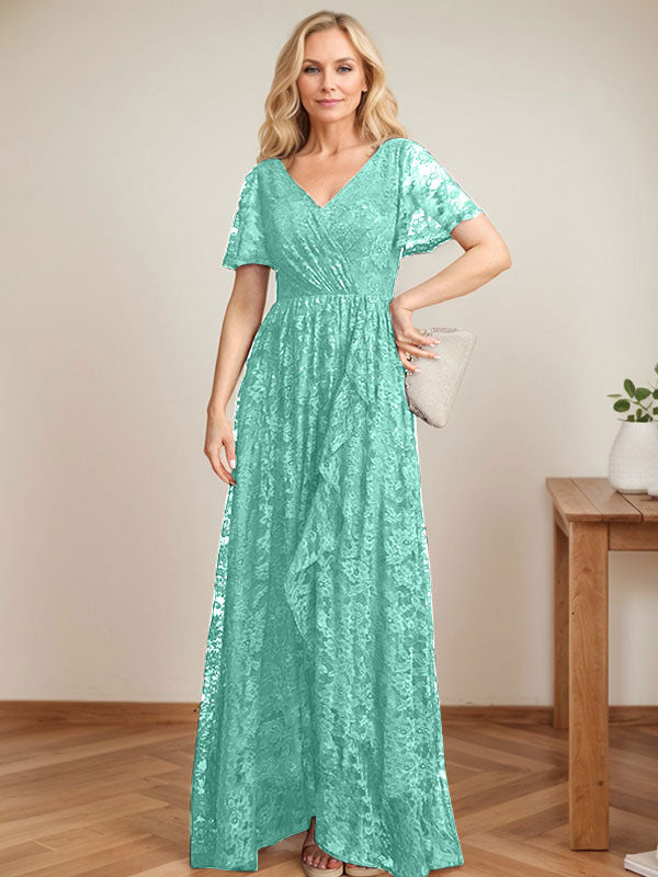A-Linien Spitzen-Mutter-der-Braut-Kleid mit V-Ausschnitt, asymmetrisch und mit kaskadierenden Rüschen